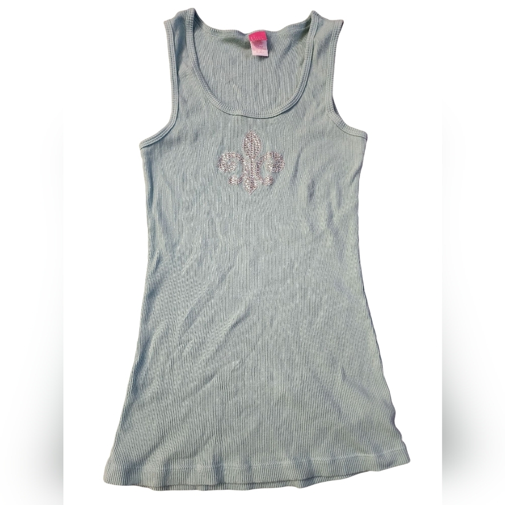 Vintage Y2k Blue Rhinestone Fleur De Lis Tank Top Ribbed Stretchy Size XL